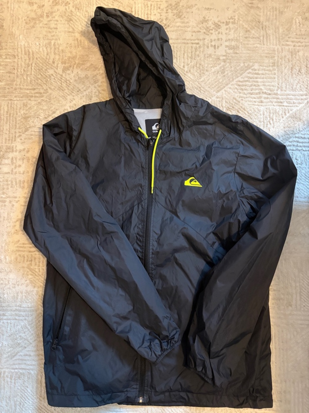 Quiksilver Black Hooded Windbreaker with Neon Yellow Accents